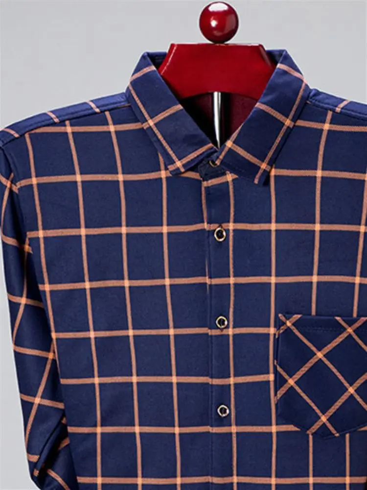 Men's Long Sleeve Fleece Lined Shirt Autumn Winter Warm Plaid Print  Collar Thickened Clothing Special Wide Fit