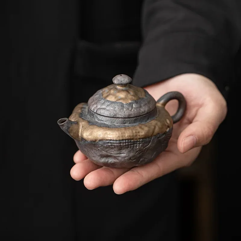 

1Pc 110ML Handmade Gilt Iron Glazed Cloud Shirt Teapot Ceramic Filter Bubble Teapot Household Coarse Pottery Kung Fu TeaSet Gift