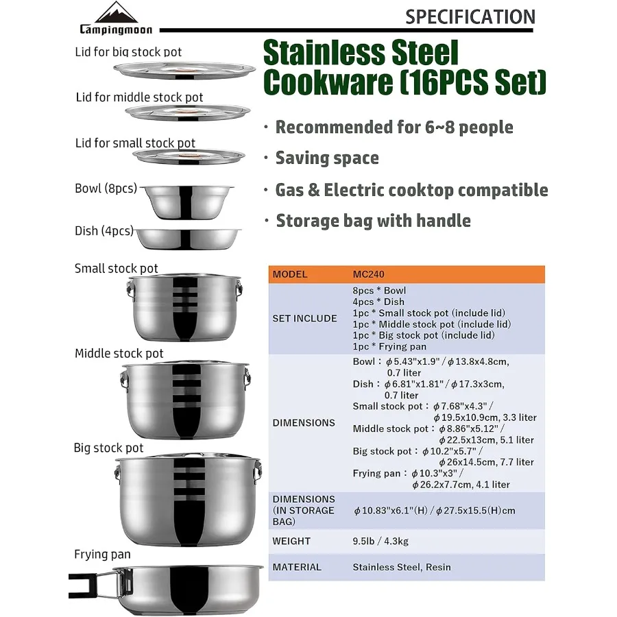 CAMPINGMOON Camping Cookware Set Stainless Steel Outdoor Nesting Cooking Mess Kit Pots Pans Bowls with Storage Carrying Tote Ba