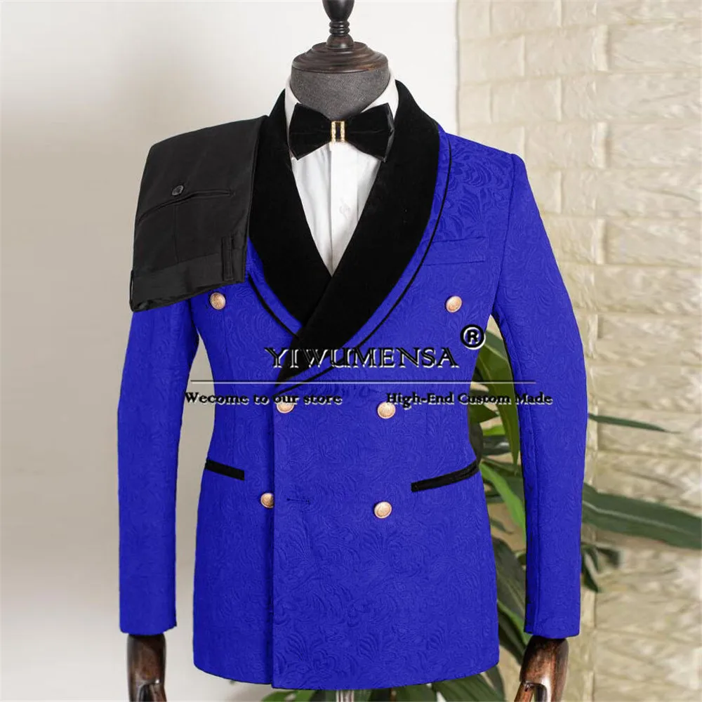 Desain unik beludru kerah pengantin pria pakaian Tuxedo Bespoke Jacquard setelan pria Slim Fit Double Breasted kostum Marié Homme Mariage