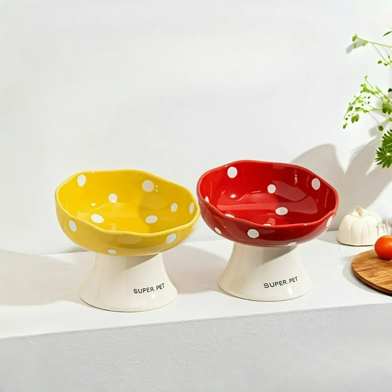 Mushroom Ceramic Cat Bowl Neck Protection Prevent Black Chin Raised Water Food Bowls