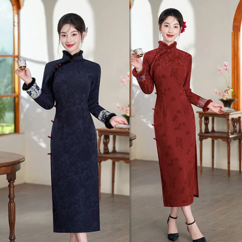 

Ханчжоу, новый бархатный жаккардовый Ципао в китайском стиле с длинными рукавами, осень/зима 2022, новый женский модный банкетный Ципао