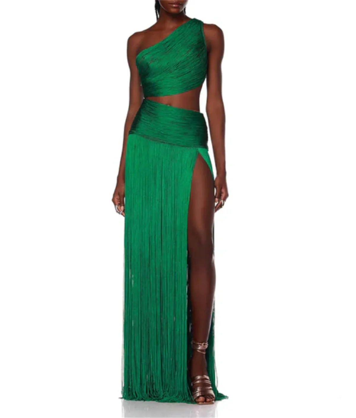 Fashion Green One Shoulder Prom Dress Sleeveless Satin Tassel Skirt Evening Dress Sexy Cutout Special Occasion 2024 Custom New