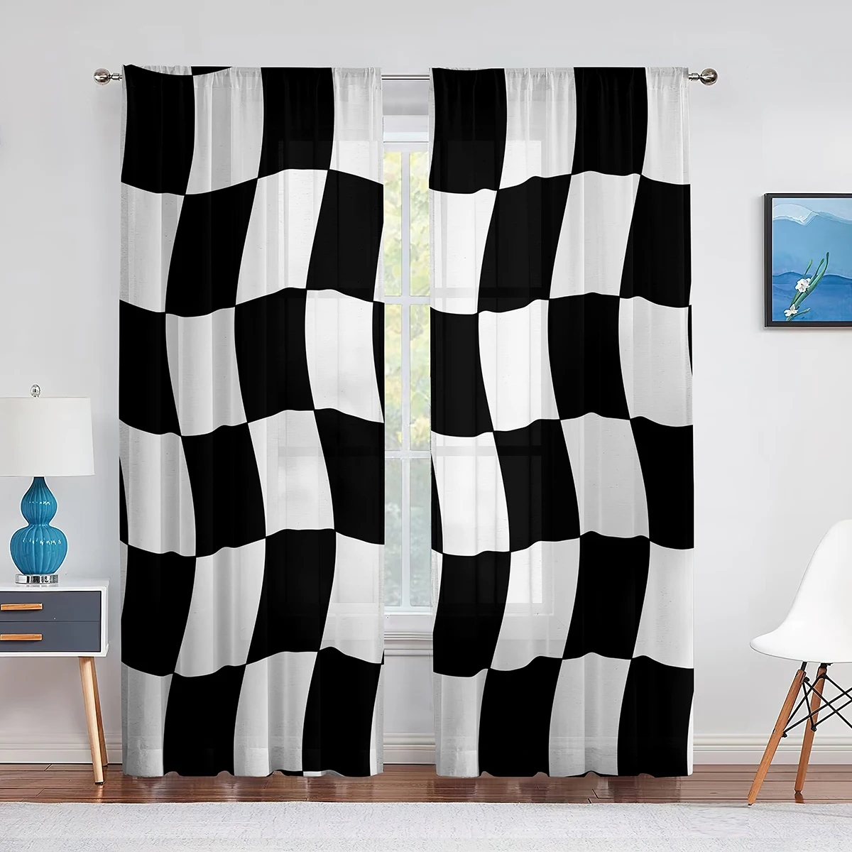 Black and White Checkered Sheer Voile Curtain for Living Room Bedroom Kitchen Decorations Race Car Flag Window Tulle Curtains