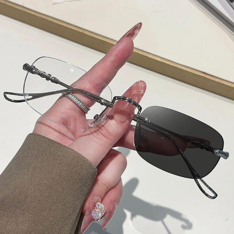 

Photochromic Anti-blue Light Glasses Frameless Temperament Flat Lens Burst Glasses Men Women Sunglasses