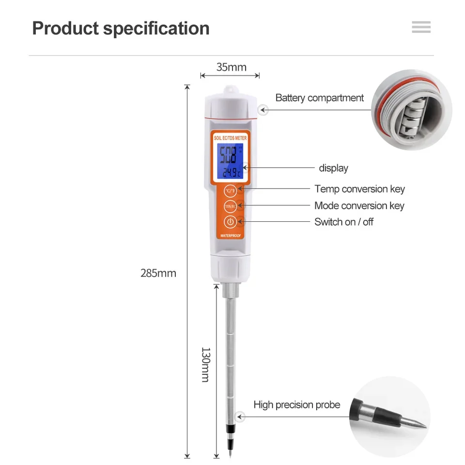 EC-TDS-661 Digital Soil Tester 3 in 1 EC TDS Moisture Meter 0-100% Moisture Range for Agriculture Gardening Plant Growing Soil T