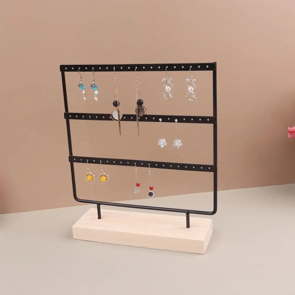 

Metal Earring Display Holder 69 Holes 3-Tier Earrings Storage Rack With Wooden Base Jewelry Holder Desktop Bracelet