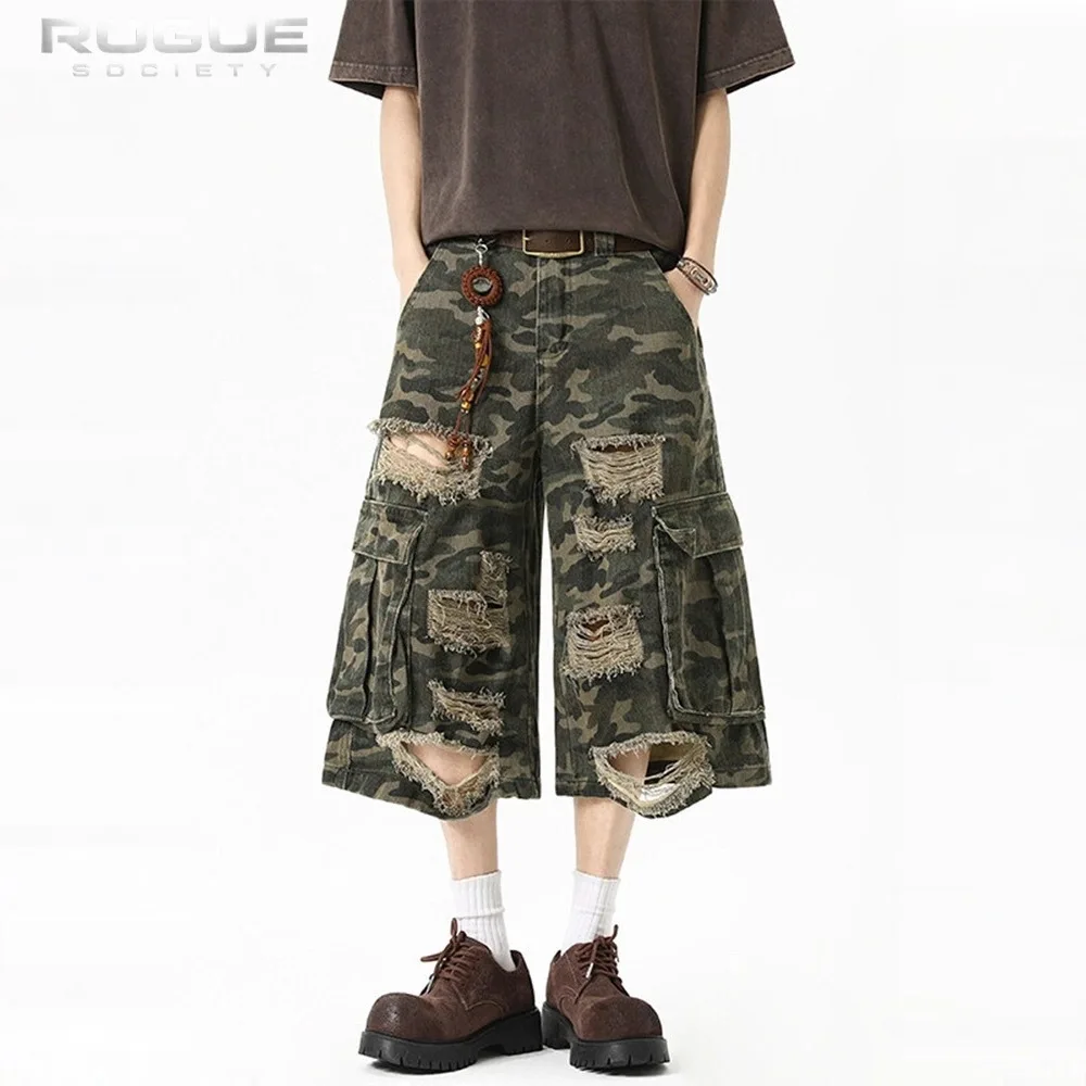 

Camouflage Men Women Cropped Pants Summer High Street New Trendy Loose American Style Sabotage Style Workwear Jeans Streetwear