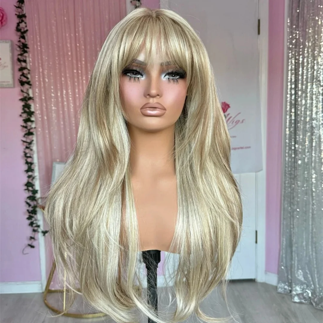 شعر مستعار نسائي 26 بوصة شعر مستعار أشقر فاتح مع طبقة الانفجارات موجة طبيعية الاصطناعية الدانتيل الباروكات رقيق اليومية حفلة تأثيري المستخدمة #2