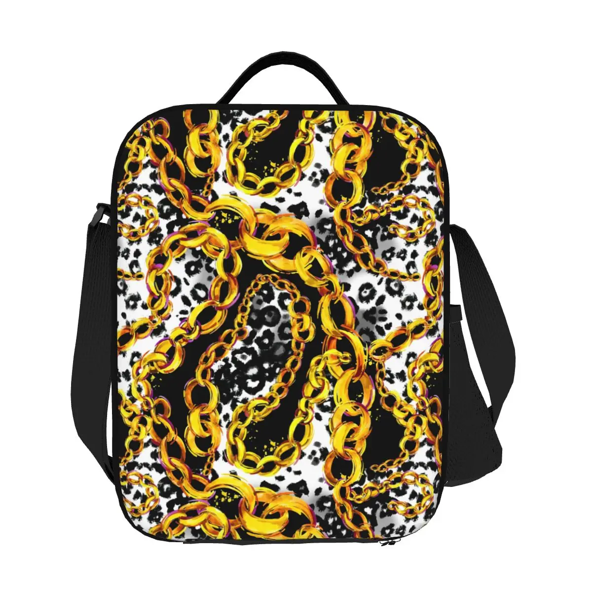 

Custom Gold Chains And Leopard Print Insulated Lunch Bags for School Office Baroque Thermal Cooler Lunch Box Women Children