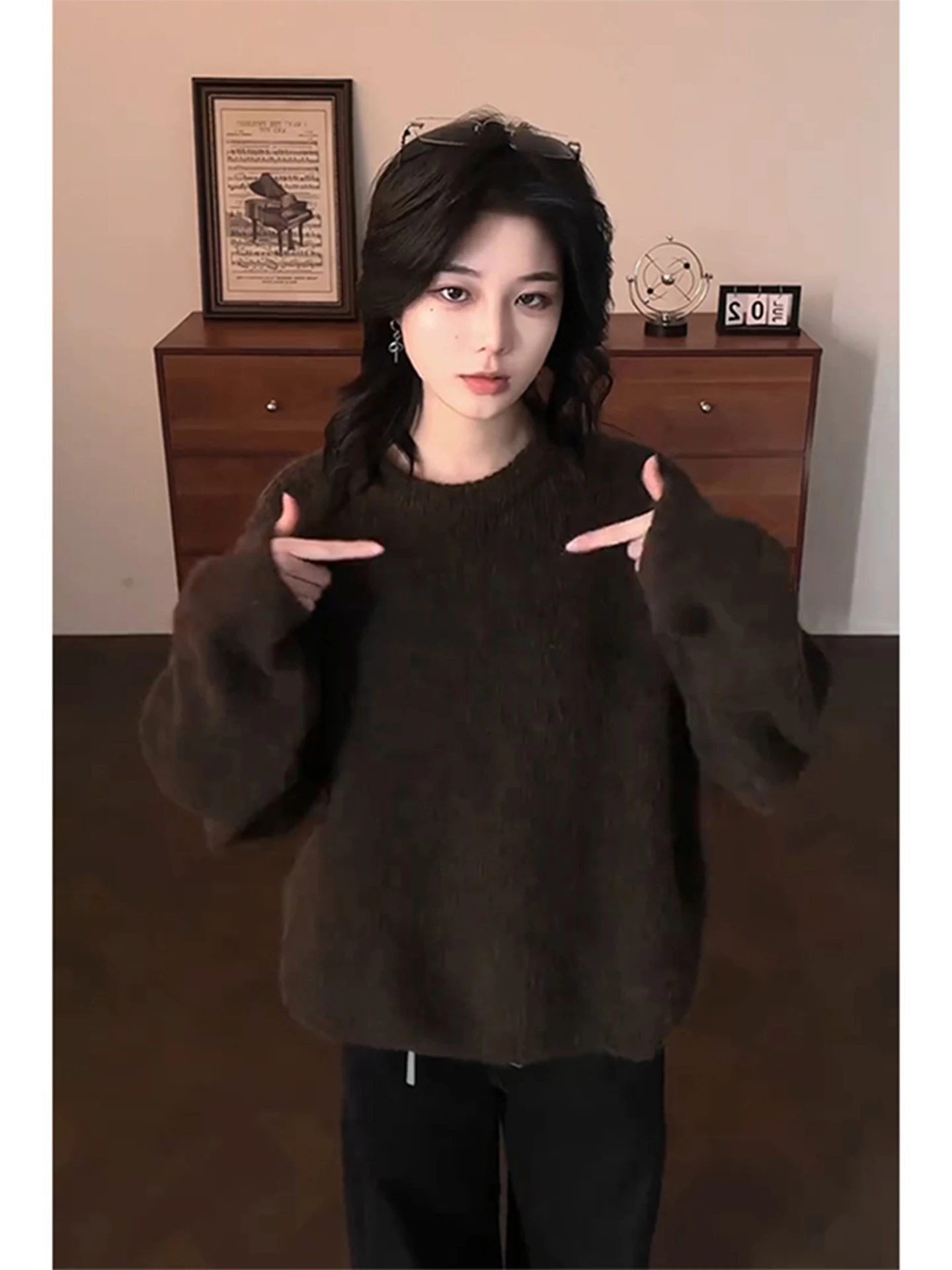 

Темно-коричневый американский ретро-свитер унисекс с круглым вырезом, утепленный, вязаный, для зимы, базовый, в стиле lazy style