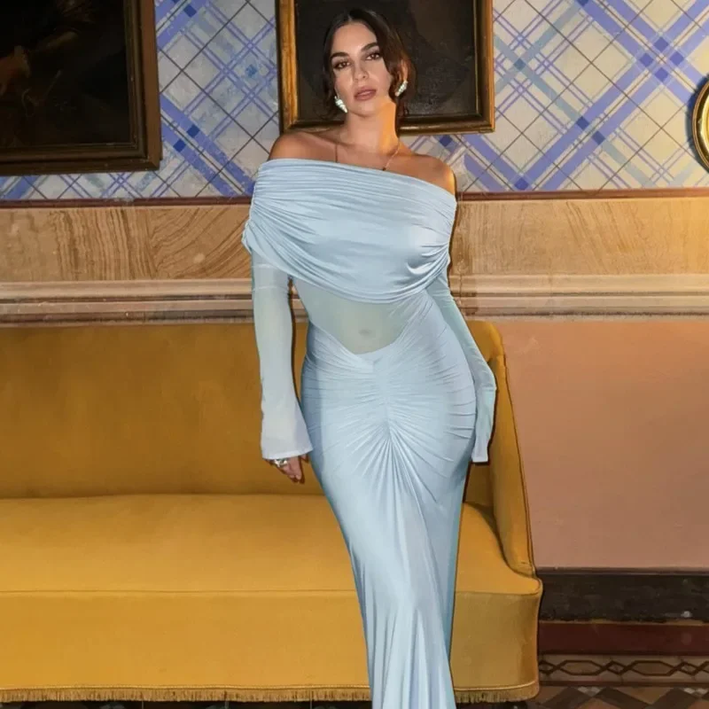 DINADD – robe une col, Sexy, élégante, dos nu, maille de fête, légèrement transparente, manches longues plissées, longueur au sol, 2025