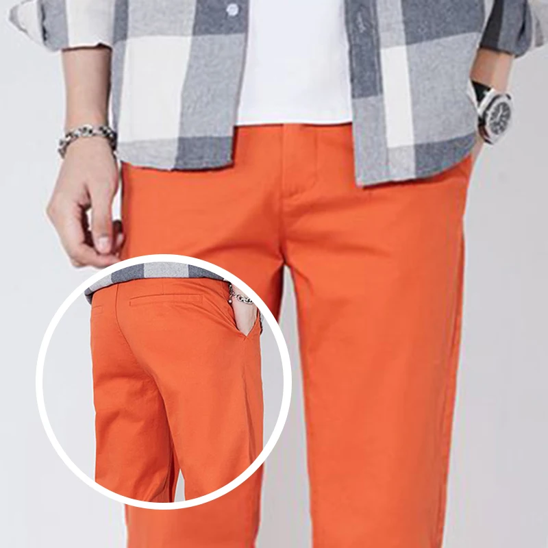 

Summer New Casual Men Pants Male Straight Leg Business Loose Thin Elastic Trousers Solid Color Orange Fashion Cotton Pants