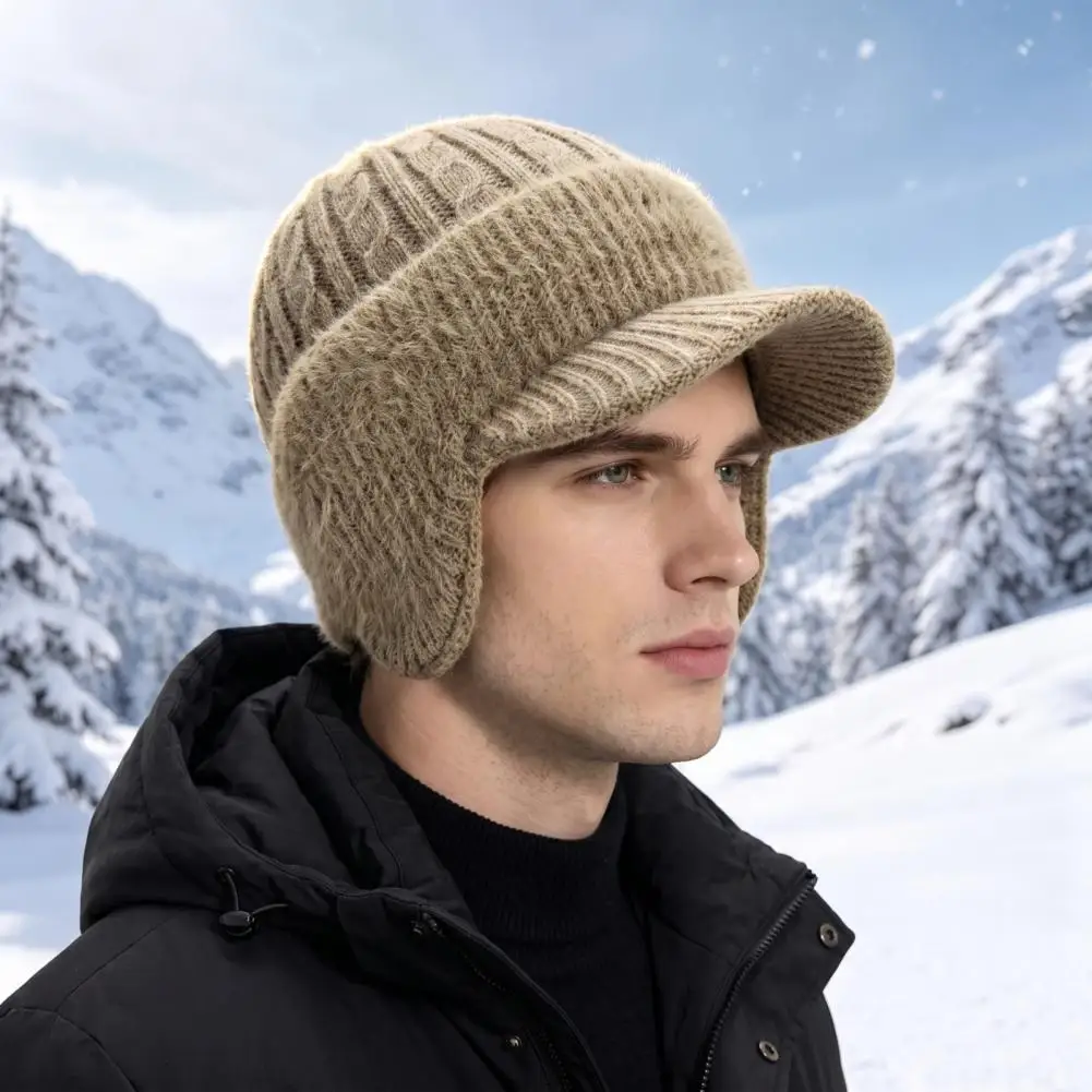 Stretchable Winter Hat for Jogging Winter Cap with Ear Flaps Winter Hat with Brim Ear Flaps Fleece Lined Knitted Cap for Men