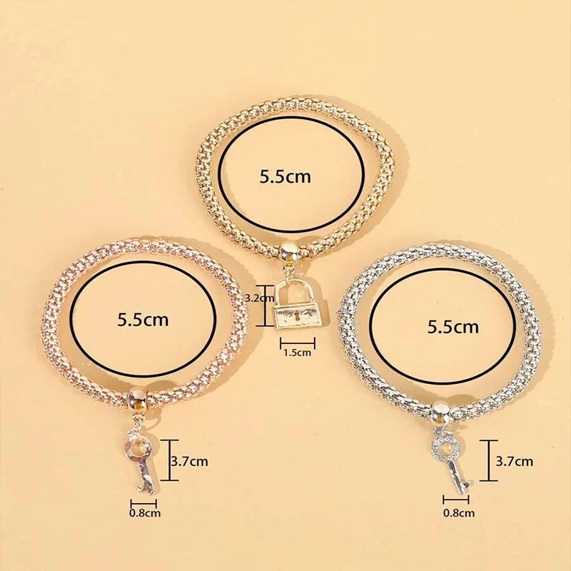 3-teiliges Set Herz-Schloss-Schlüssel, Musikzeichen, Charm-Armband, Eule, Rosévergoldung, silberfarbene Kette, Owm-Charm-Armreif, Schmuckset – Detail 10