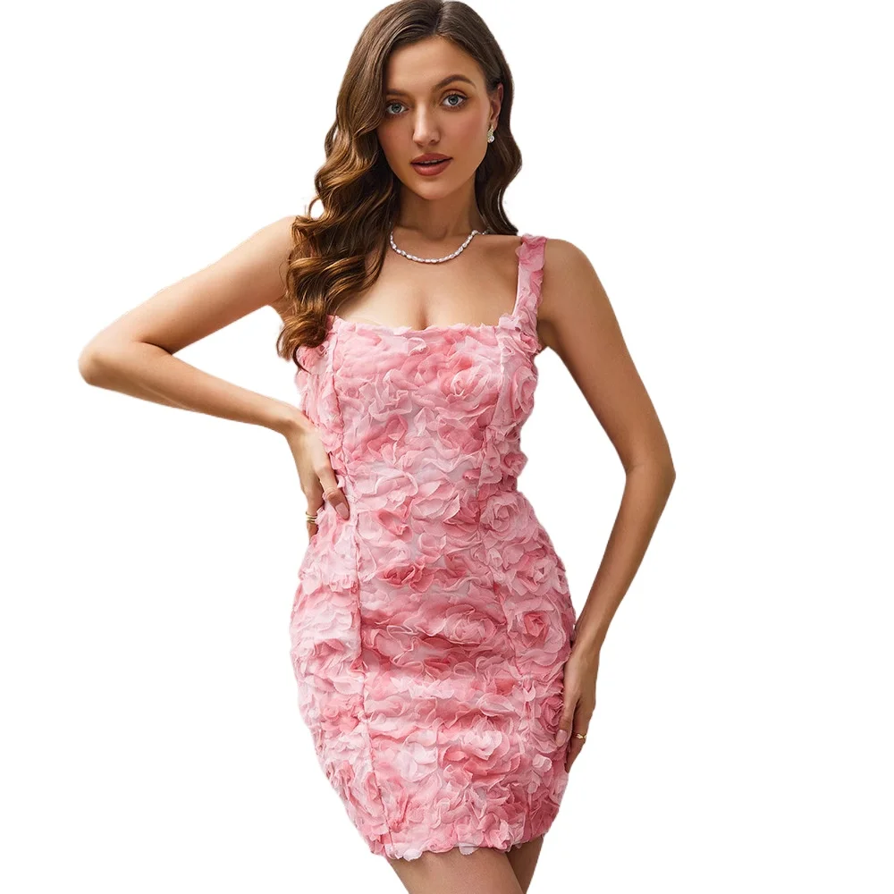 

Fashionable Sexy Three-dimensional Rose Flowers Spaghetti Straps Open Back Mini Party Dress