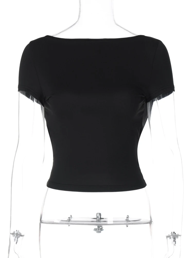Women's O Neck Short Sleeve Backless Ruched Crop Top Y2K Streetwear Summer Spring Casual T-Shirt Dropshipping image 6