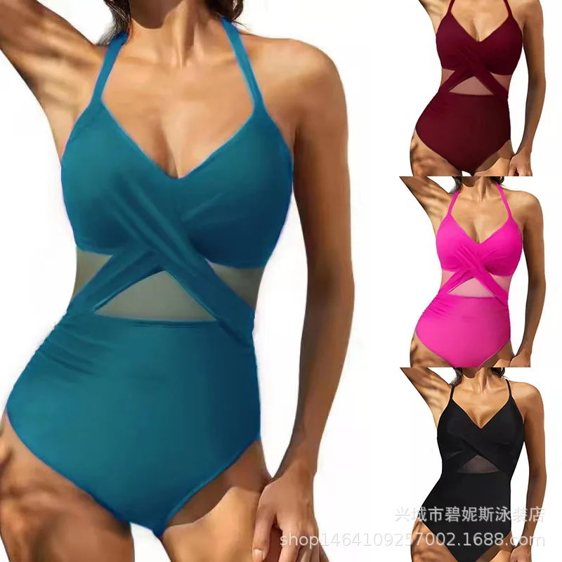 

Quick-drying High-waisted Swimsuit Women's Tight-fitting Cross Sexy Backless One-piece Solid Color Sexy Bikini