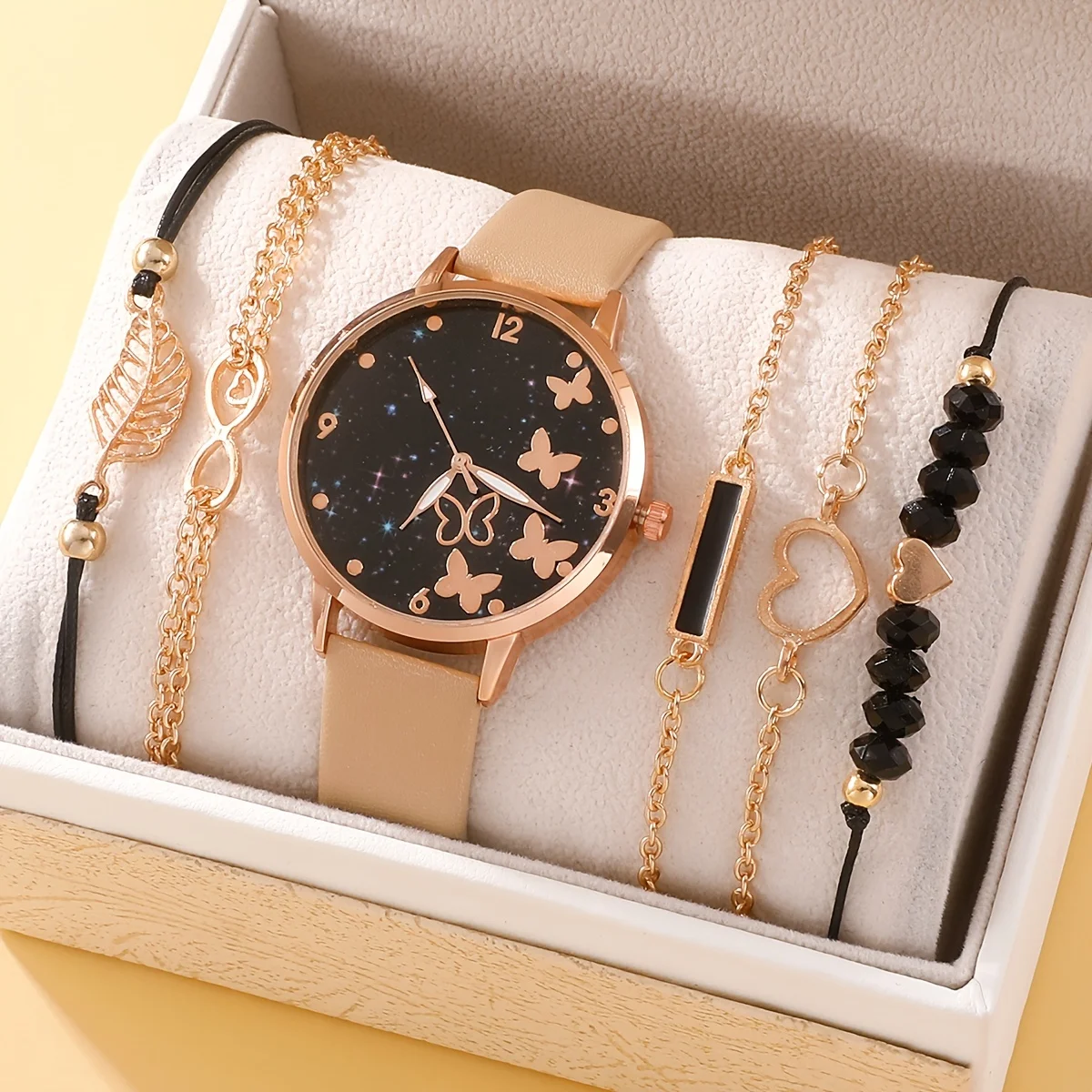 

6pcs Women's Fashion Round Pointer Starry Sky Butterfly Quartz Watch & Bracelets Watch Set