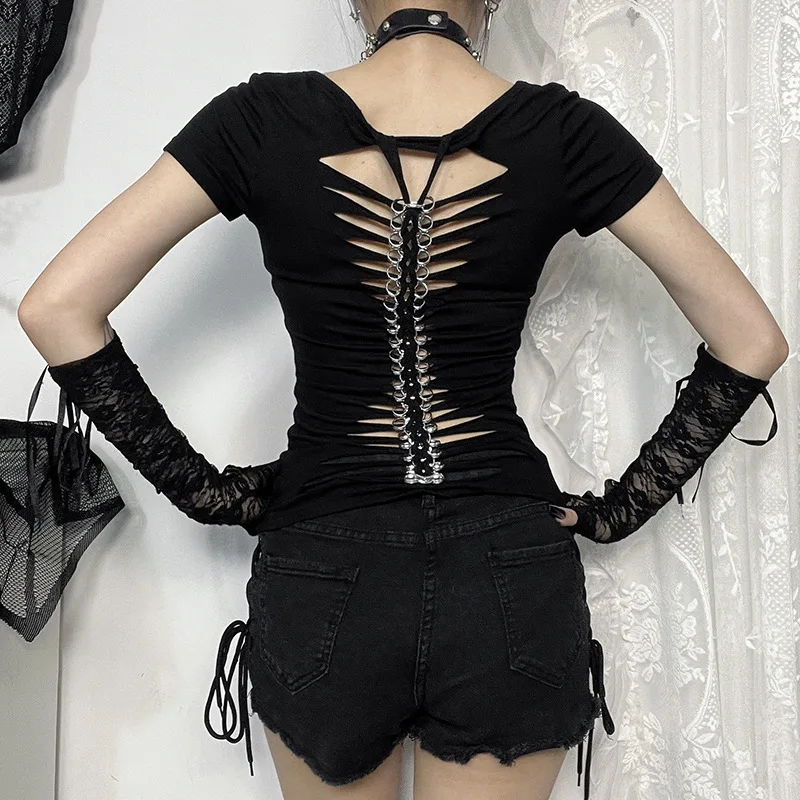 

Slim Fit Ice Silk Backless Short Sleeve Women's T-Shirt Knitted Top Transparent Base Shirt Spring Summer New Arrival