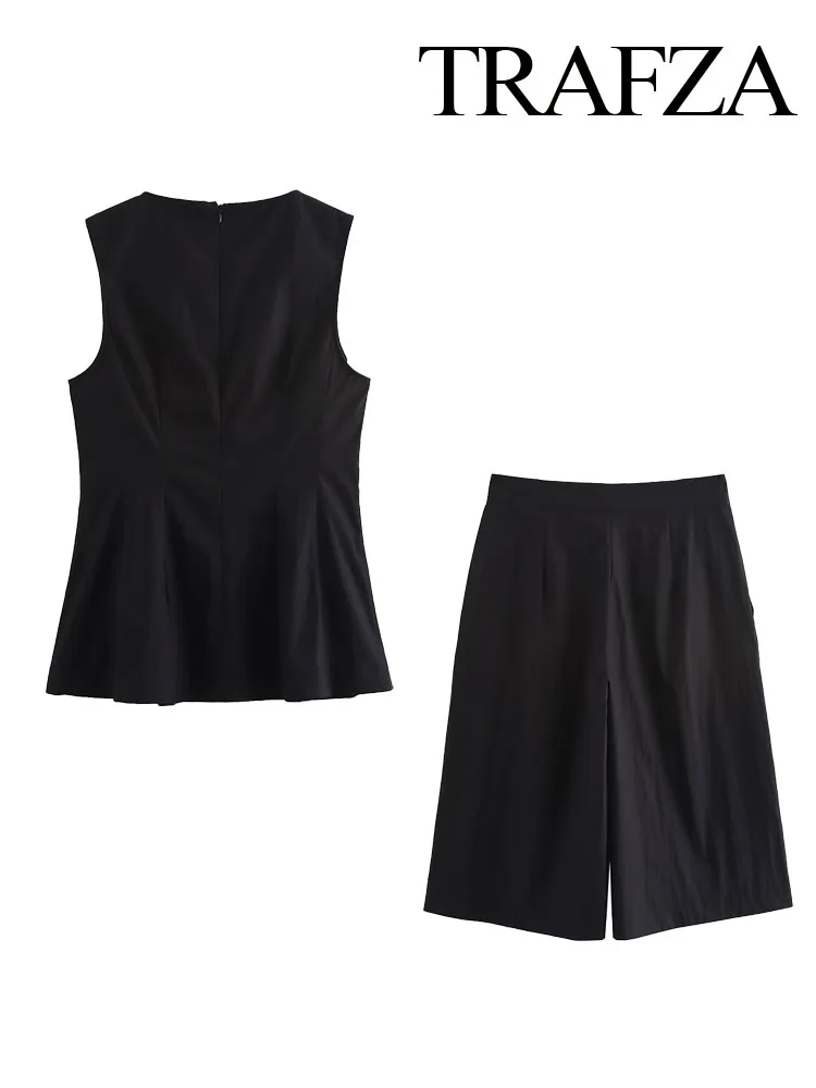 TRAFZA Women Shorts Suit Elegant O-Neck Sleeveless Back Zipper Short Skirt Style Summer Vest Top+High Waist Pockets Slim Shorts