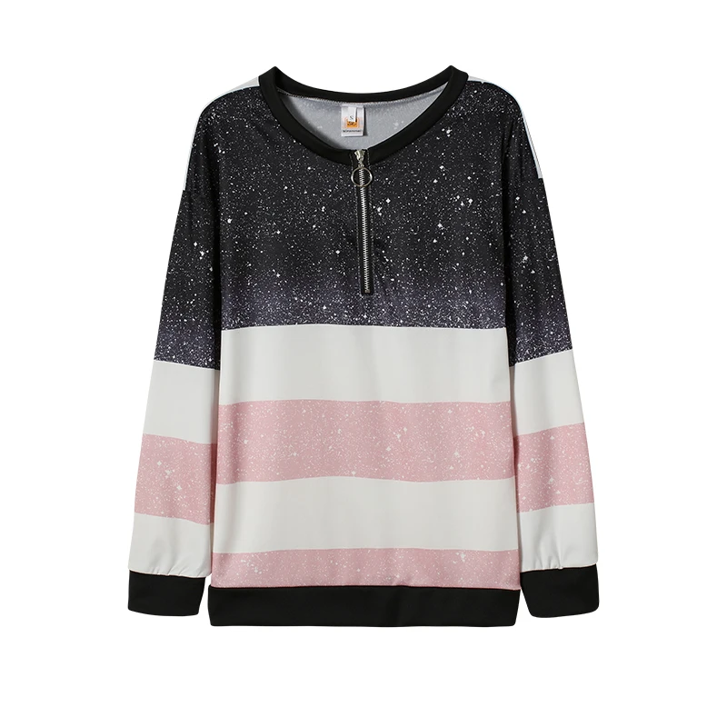 Hot Selling Striped Printed Long Sleeved Zippered Loose Casual Hoodie for Women