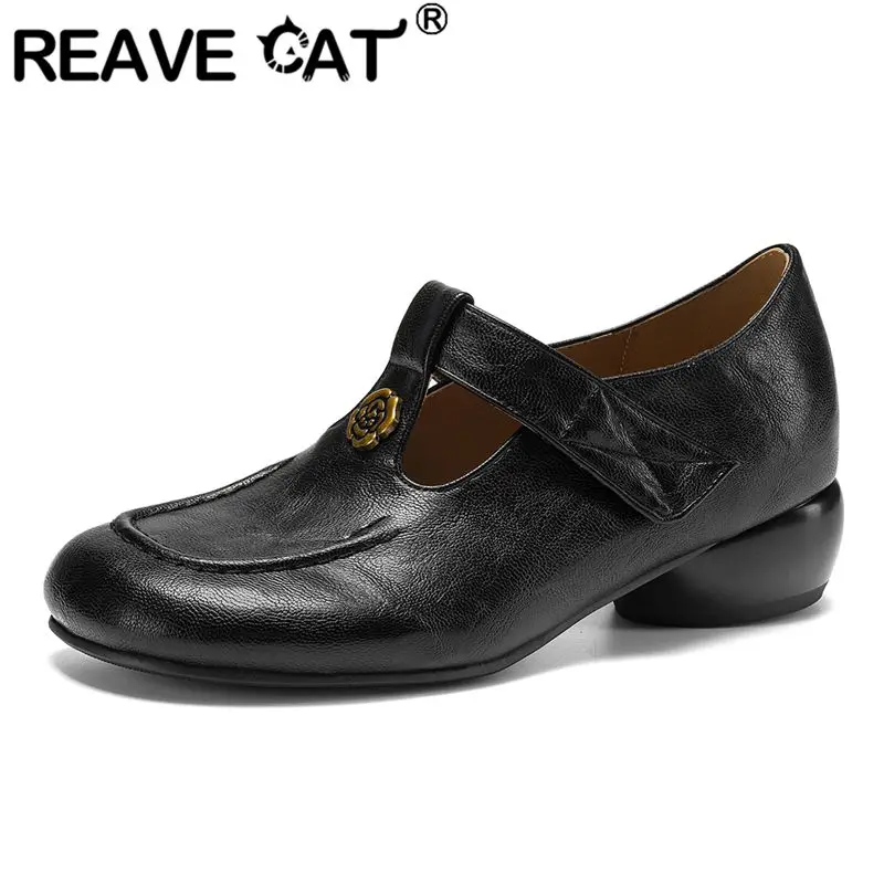 

REAVE CAT Brown Female Flats Round Toe Buckle T-Strap Metal Flower Sweet Daily Shoes Handmade Mary Jane Footwear Big Size 42 43