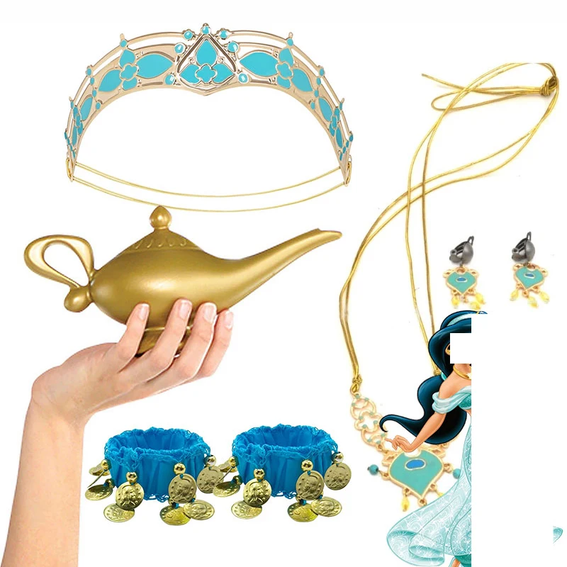 

Girls Princess Costume Play Jasmine Accessory Vintage Crown Necklace Earrings Aladdin and Magic Lamp Genie Party Props for Kids
