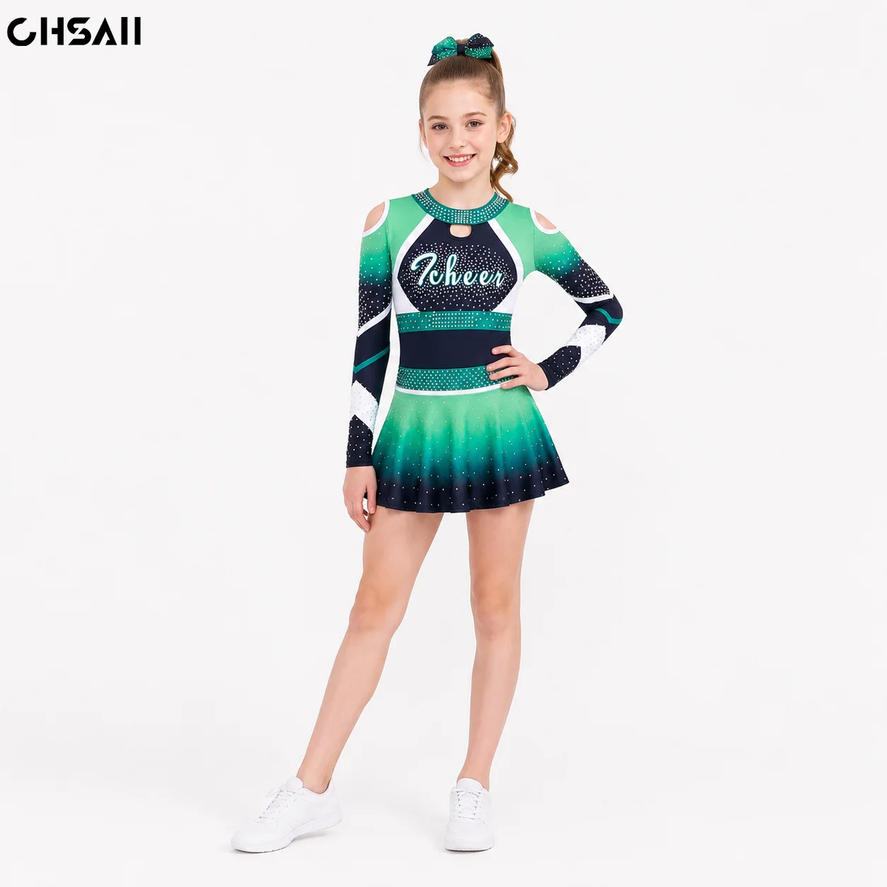 Girls Rhinestone Cheerleading Dress Long Sleeve Green Black Gradient Star Team Competition Dance Uniform Kid Performance Costume