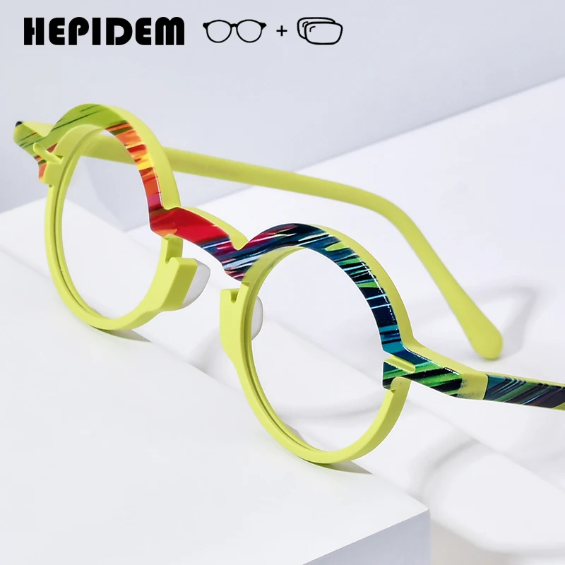 HEPIDEM Progressive Prescription Eyeglasses Anti Blue Ray Myopia Optical Lens Men Eyewear Women Acetate Round Glasses 9398