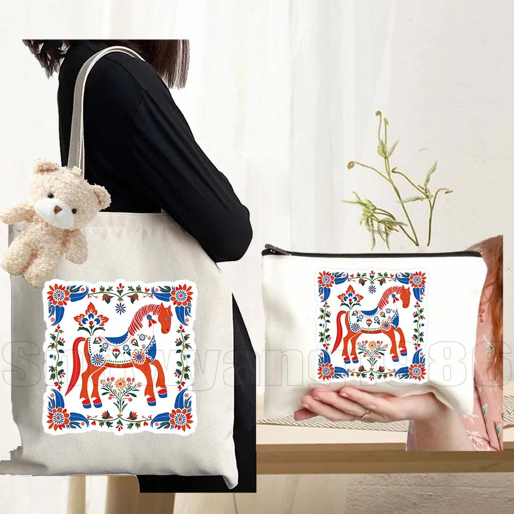 3pcs Floral Swedish Dala Horses Stockholm Sweden Large Capacity Durable Canvas Tote Bag Handbags For Party Travelling Shopping