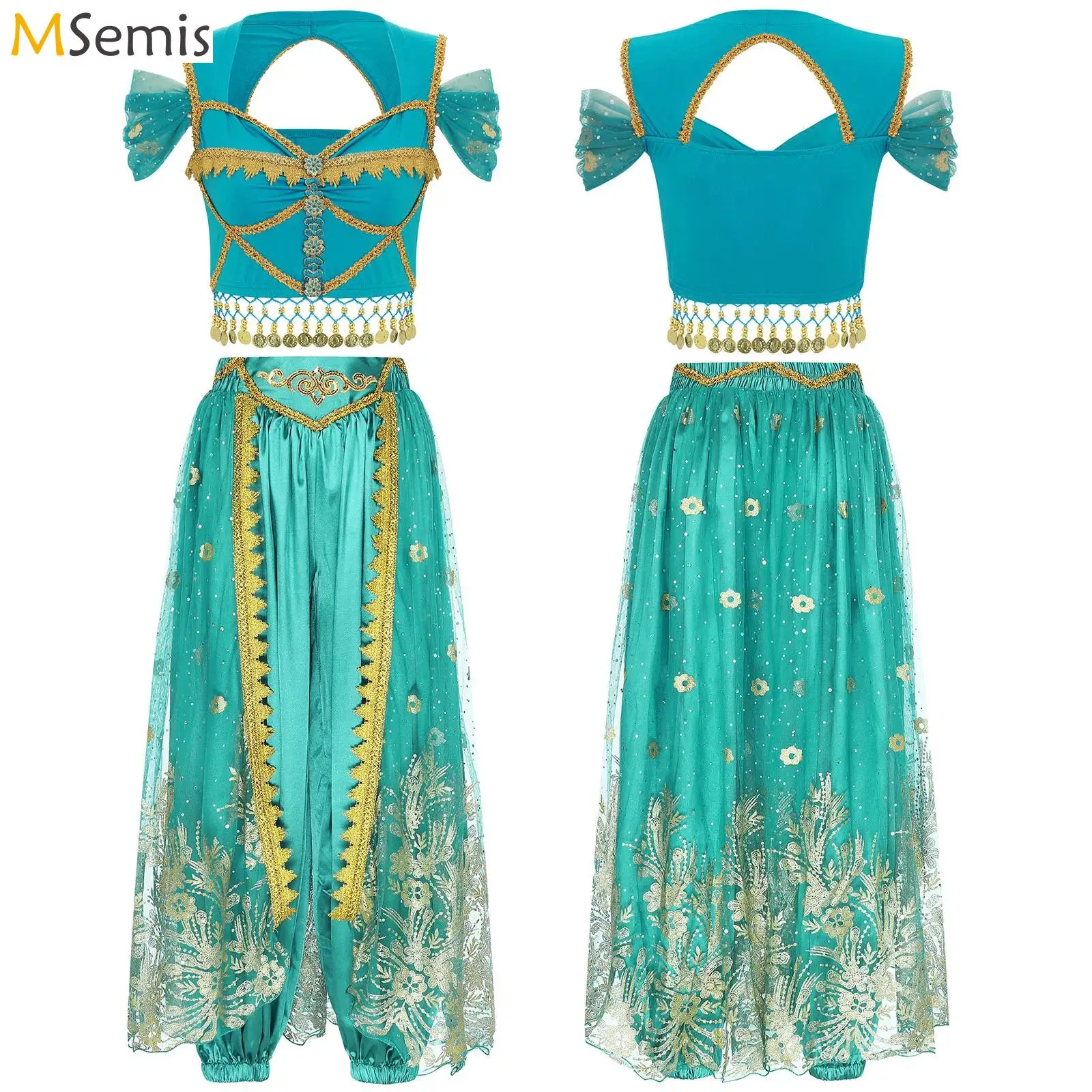 

Women Jasmines Princes Cosplay Costume Belly Dance Outfits Tassel Crop Top Bloomers Halloween Han Tang Chinese Arabian Dancewear