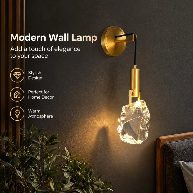 Wall Sconce, Nordic Minimalist Copper LED Crystal Light for Bedroom Hallway Living Room Decor, Premium Indoor Lighting Fixtures