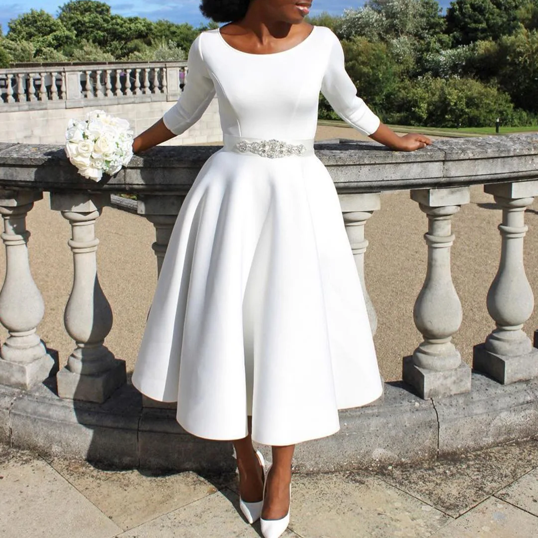 

2024 Autumn Winter Graceful Women Party Dess Solid Color Scoop Neck 3/4 Sleeves A Line Pleats Tmperament Evening Dresses