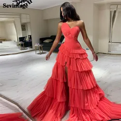 Sevintage Customized Blush Pink Arabic Prom Dress Pleated Tiered Mid Slit  Evening Gown Formal Women Occasion Party Dresses 2023