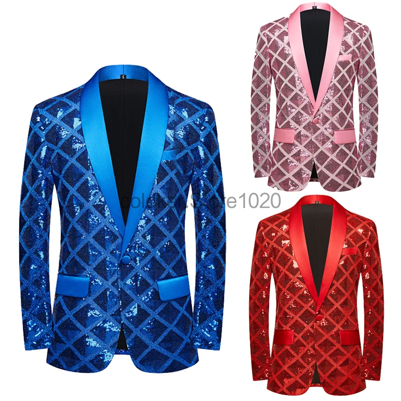 

New Men's Luxury Sequin Blazer Jacket Fashion Cube Lapel One Button Shiny Groom Wedding Party Suit Coat Nightclub Host Costume