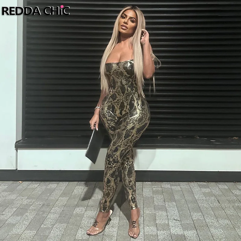 

REDDACHiC Cross-over Bandage Backless Women Jumpsuit Gold Snake Scale Bodysuit Sleeveless Slim Fit Overalls Sexy Summer Clothes