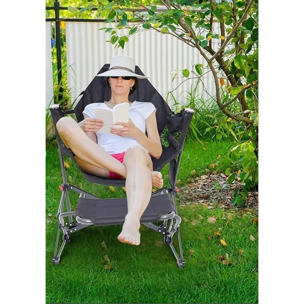 كرسي تخييم على الموضة، كرسي هزاز للتخييم، كرسي متأرجح، ظهر مرتفع مع حامل، حامل أكواب، جيب جانبي، ثقيل Du