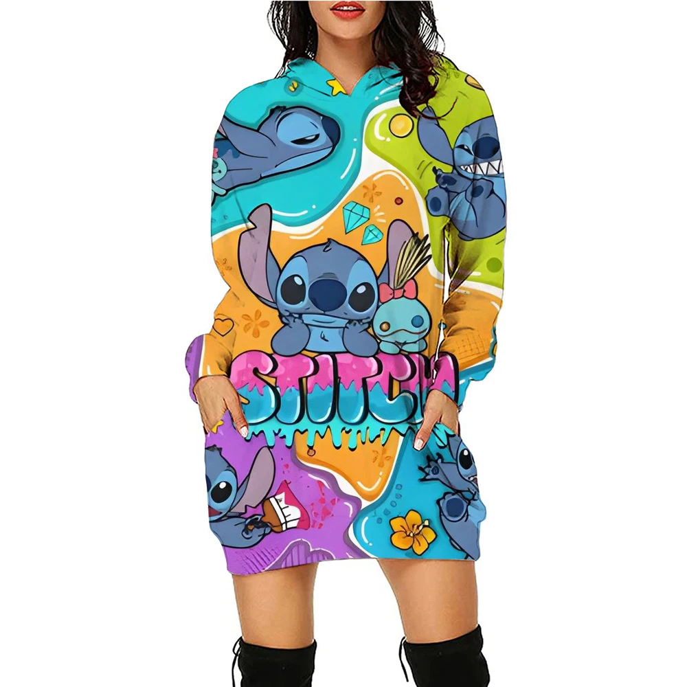 Kawaii Disney Stitch Women\'s Hoodies Dress Ladies Fashion Leisure S-3XL Youthful Woman Clothes Lovely Black Hoodie Winter Y2k