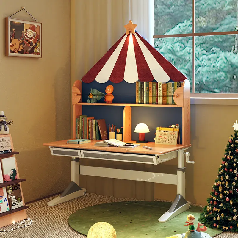 

Solid wood children's study table desk bookshelf integrated beech home student liftable adjustable writing table and chair set