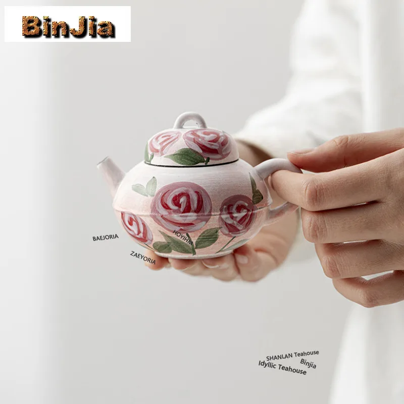 BAEJORIA 130ml Powder Yin Hand Drawn Rose Teapot Japanese Tea Infuser Pot Tea Soaking Kettle With Ball Hole Tea Services Craft