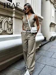 TRAF 2024 Woman's Fashion Khaki Pants Sets V-Neck Sleeveless Vest+High Waist Elastic Waist Pockets Drawstring Pants Female Suit