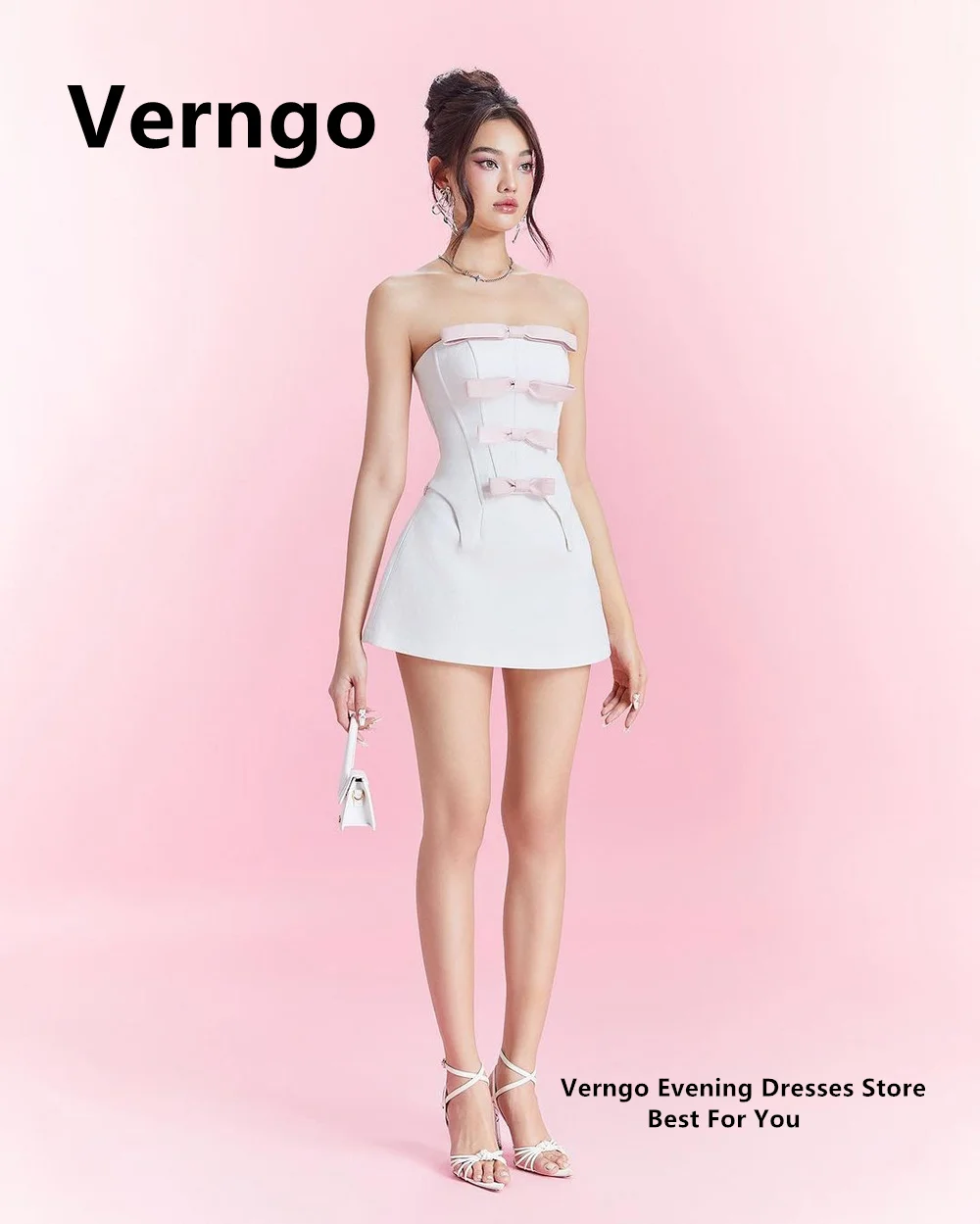 Verngo Strapless Sleeveless Mini Dresses A Line Evening Party Dresses For Women Bow Graduation Dress Birthday Dresses