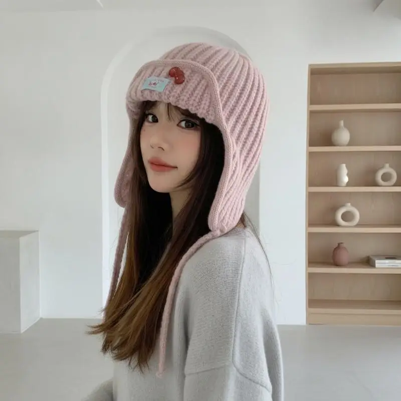 Warm Cozy Knitted Ear Flap Hat Cute Cherry Decor Perfect For Winter Outdoor Wear Women Teen Girls