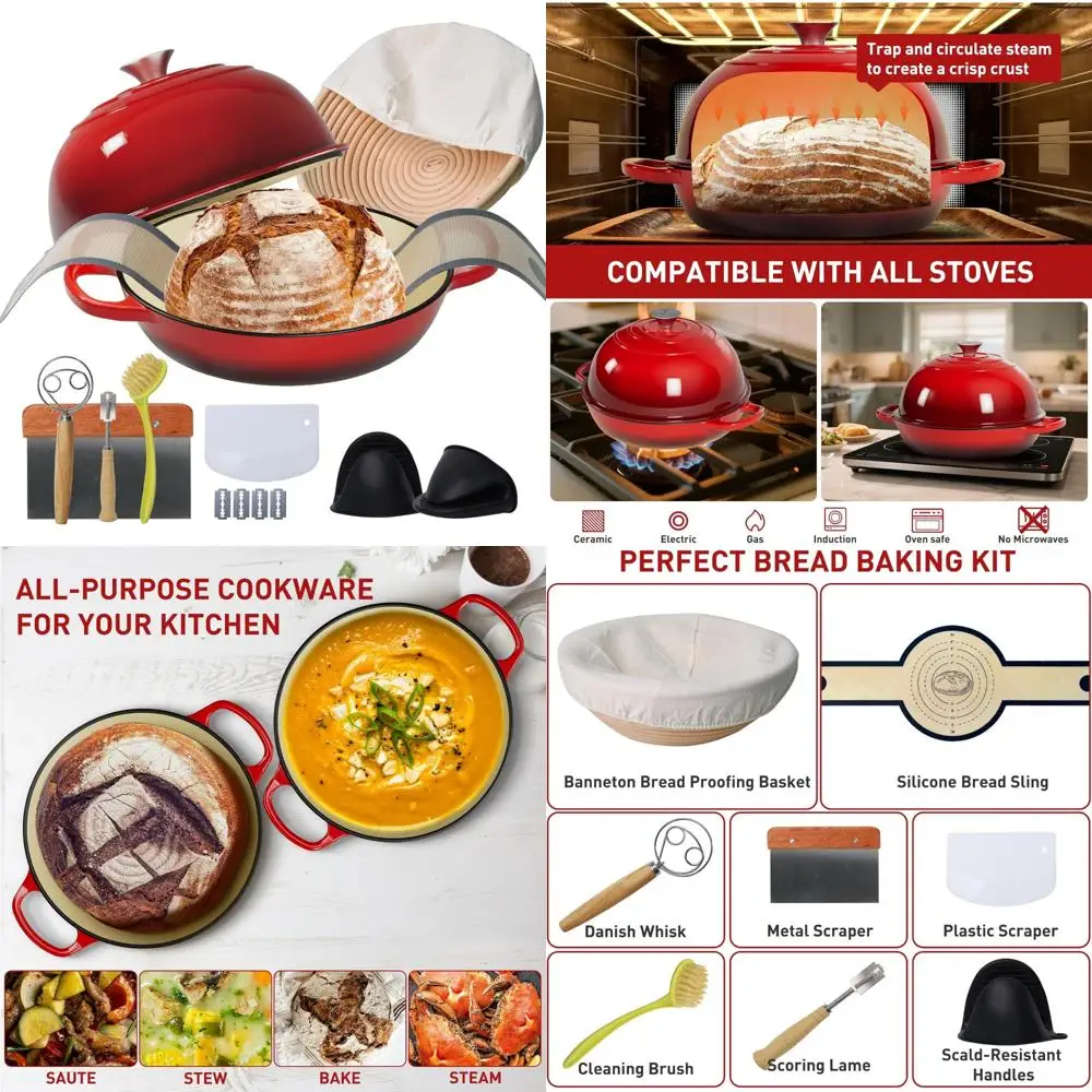 

Многофункциональная чугунная голландская кастрюля для выпечки на 6 литров с крышкой, защитной корзиной, силиконовым ремешком и венчиком для теста - универсальная