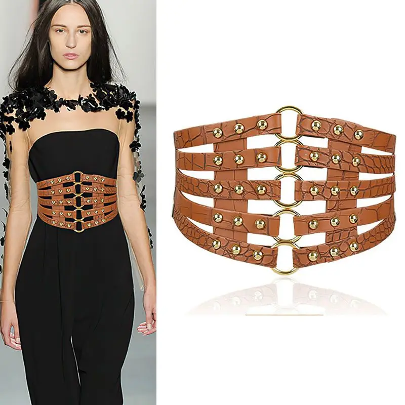 حزام أسود عريض مرصع على الطراز الغربي بتصميم عتيق للتنانير والمعاطف المنتفخة أزياء نسائية #2