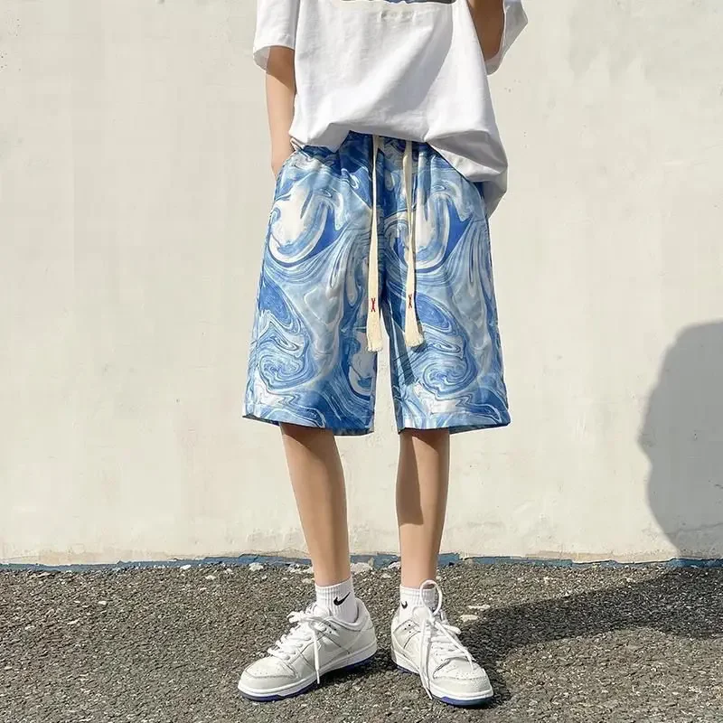 

Широкие мужские шорты с синим цветочным принтом на шнурке, мешковатые с карманами, свободный сухой крой, модные новые брюки 2025XL, мужские короткие брюки