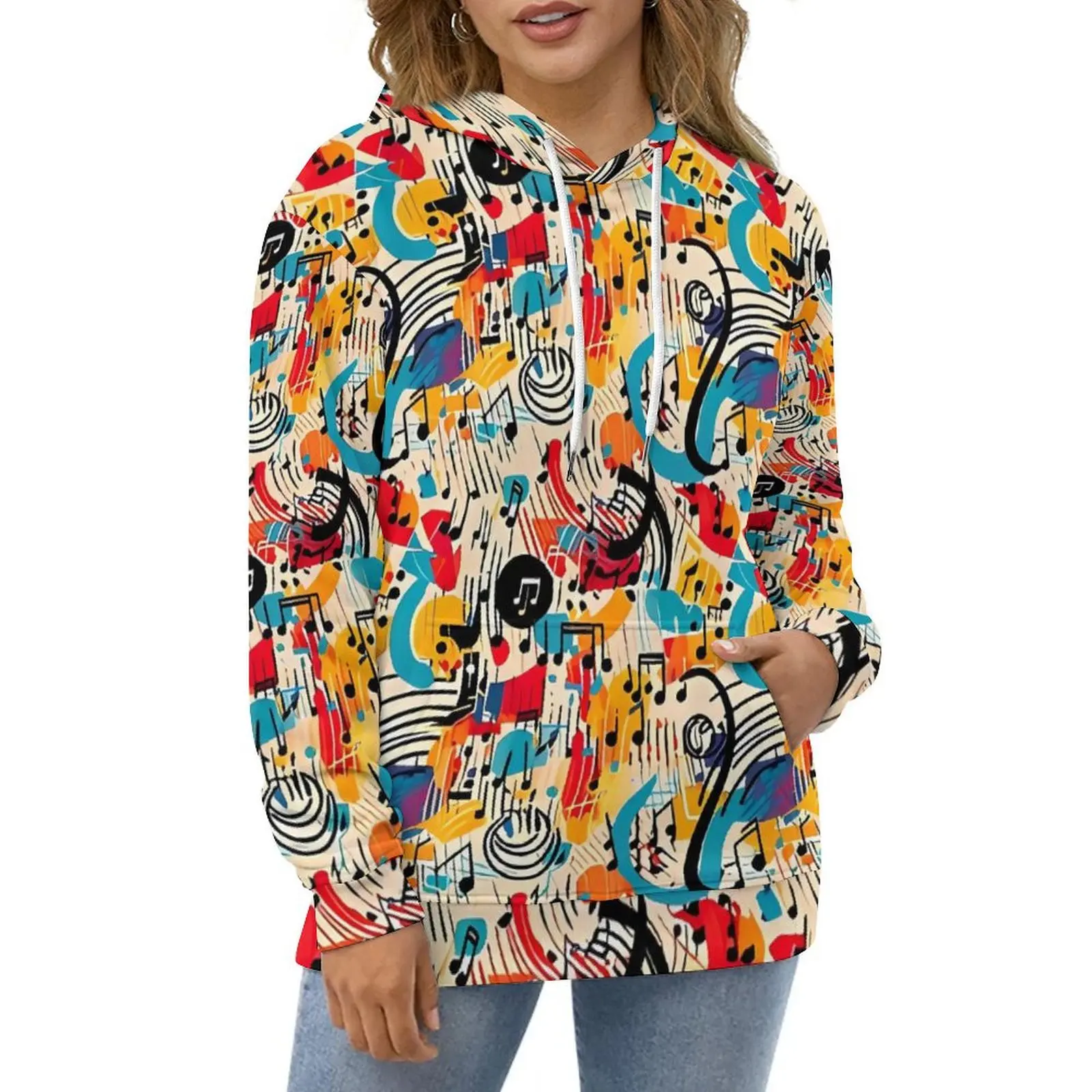 Modern Music Note Hoodies Colorful Print Classic Oversized Hoodie Female Long Sleeve Y2k Graphic Casual Hooded Sweatshirts