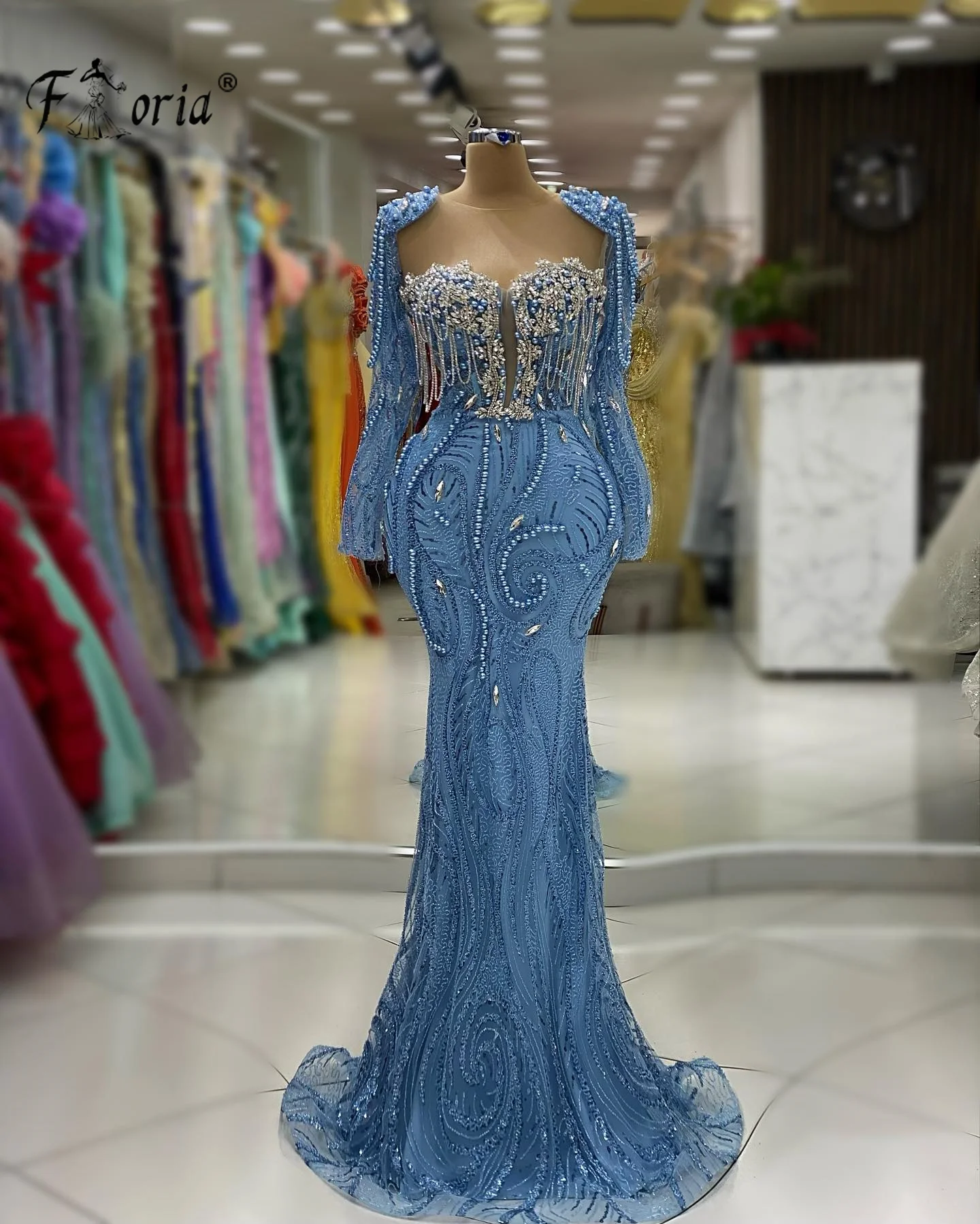 Elegant Blue Pearls Beaded Party Celebrity Dress Long Sleeves Mermaid Prom Dresses Floor Length Tassel Formal Occasion Vestidos