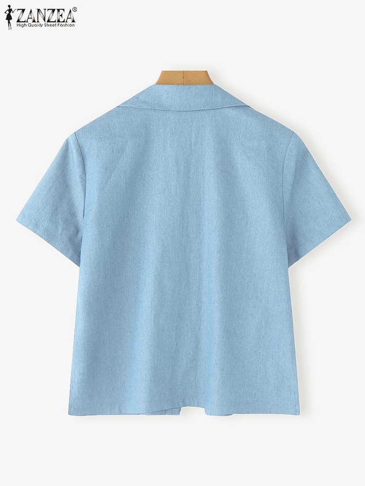 2023 sommer Elegante Kurzarm Shirts ZANZEA Frauen Solide Arbeit OL Bluse Casual Revers Neck Tunika Tops Mode Urlaub Blusas